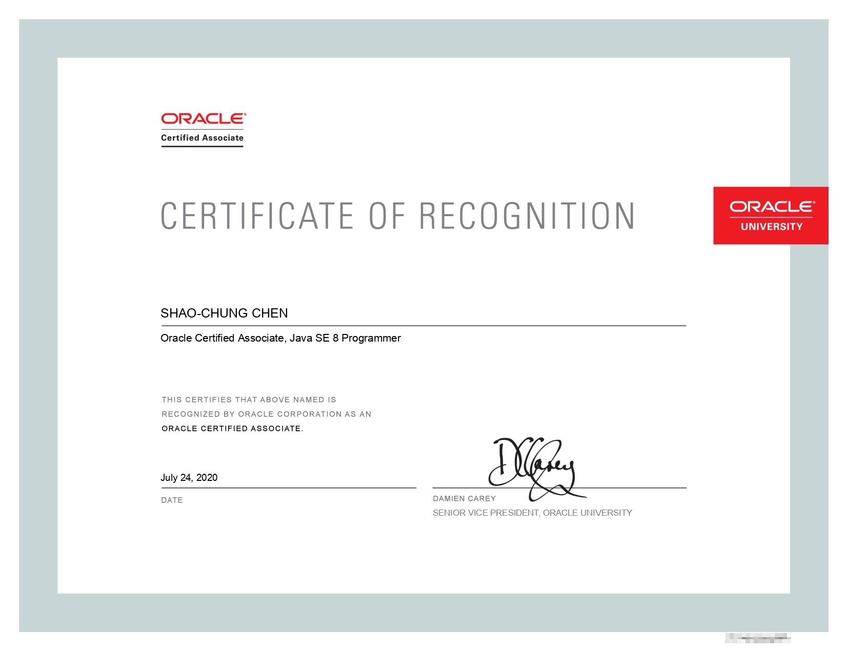 恭賀陳紹中同學考取Oracle Java SE 8 Programmer OCA 證照