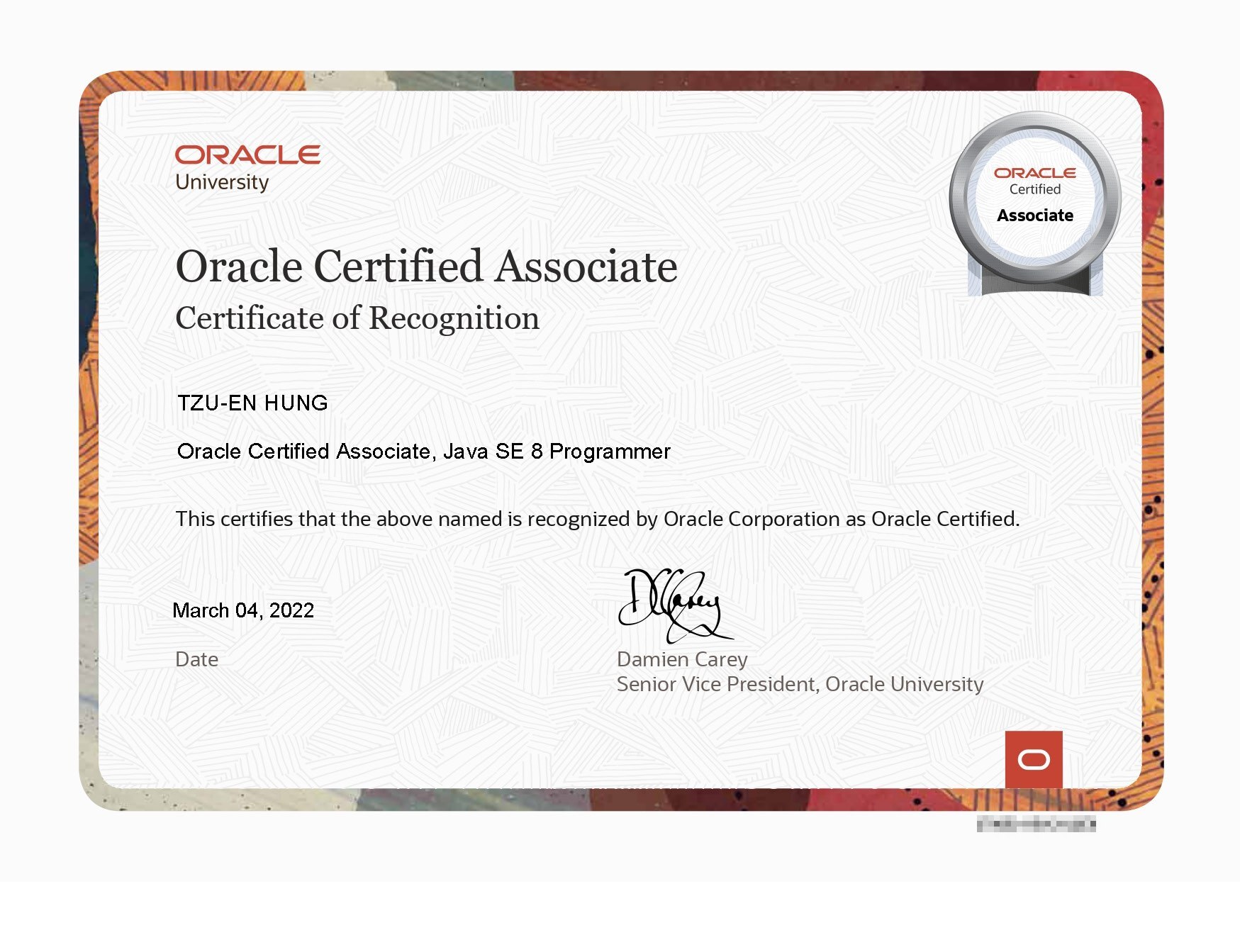 恭賀洪子恩同學考取Oracle Java SE 8 Programmer OCA 證照